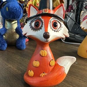 Charming Orange Fox Figurine with Pumpkins